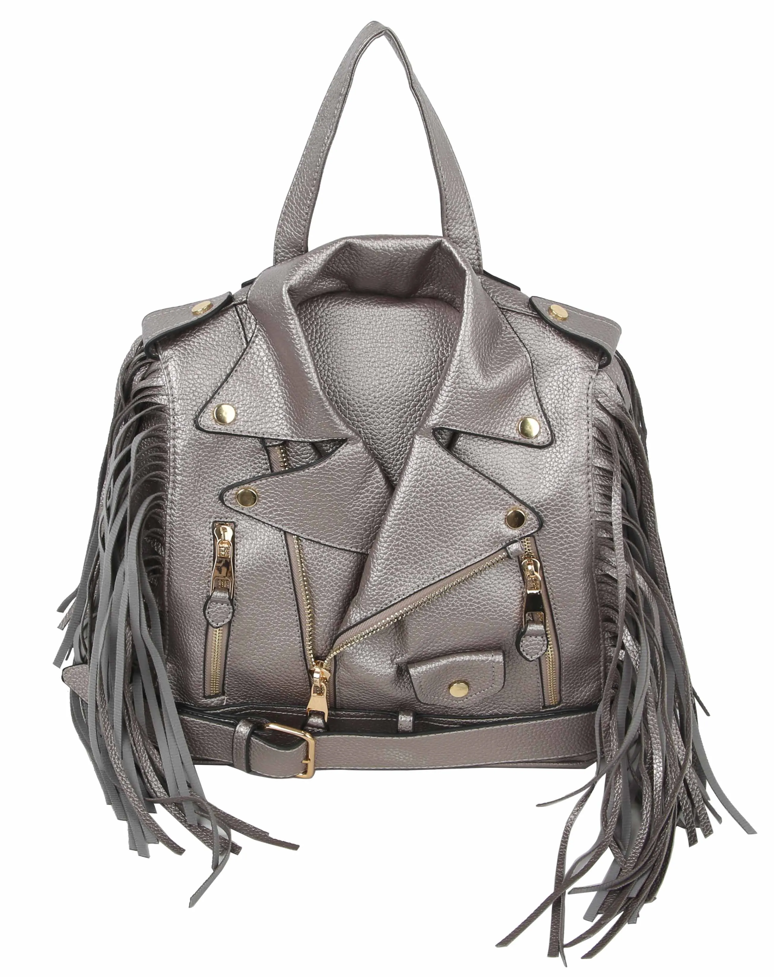 Fringe Faux Leather Motorcycle Jacket Backpack - Bold Biker Chic Bag in Brown, Black, Olive, Silver, & Fuchsia