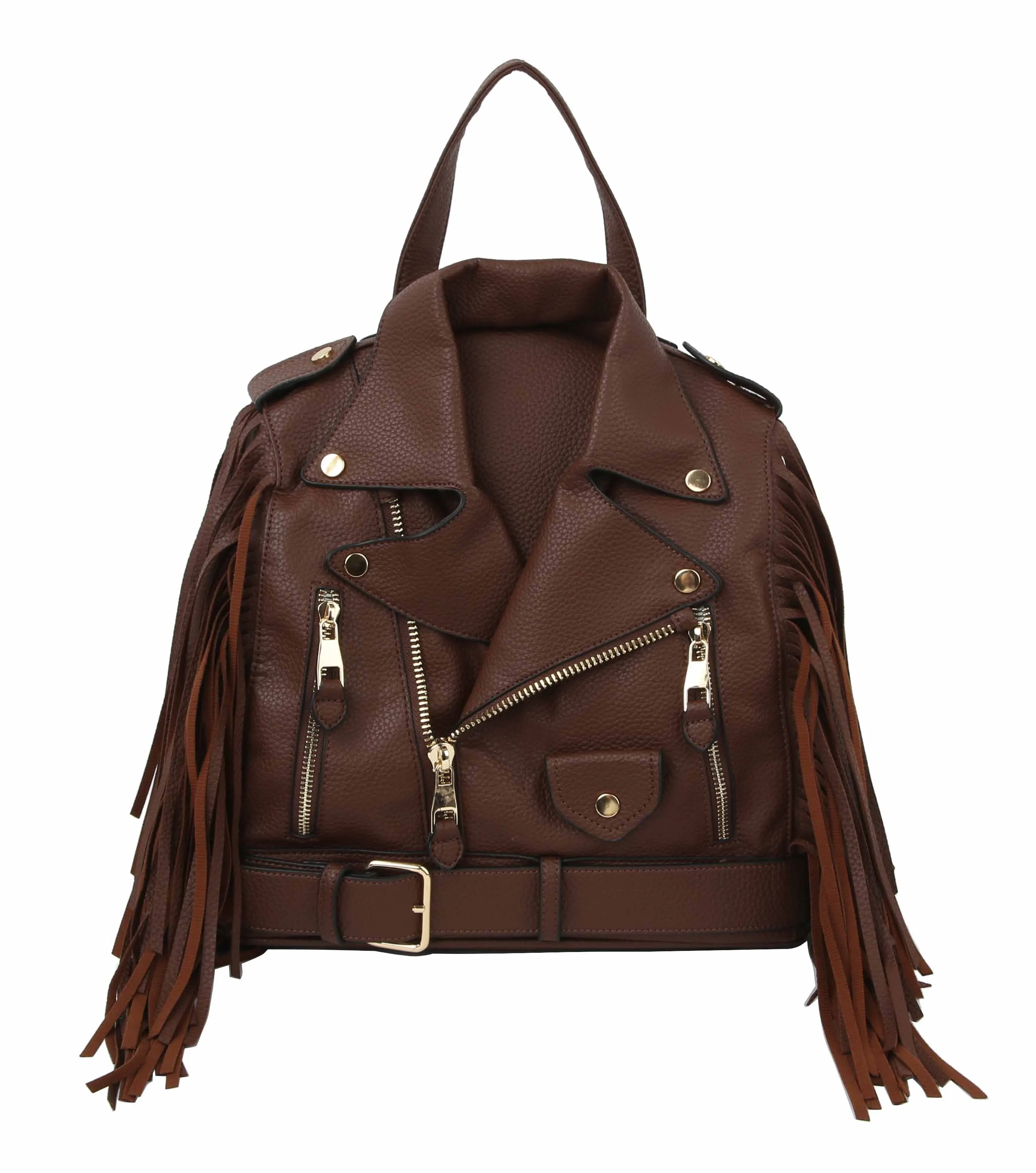 Fringe Faux Leather Motorcycle Jacket Backpack - Bold Biker Chic Bag in Brown, Black, Olive, Silver, & Fuchsia