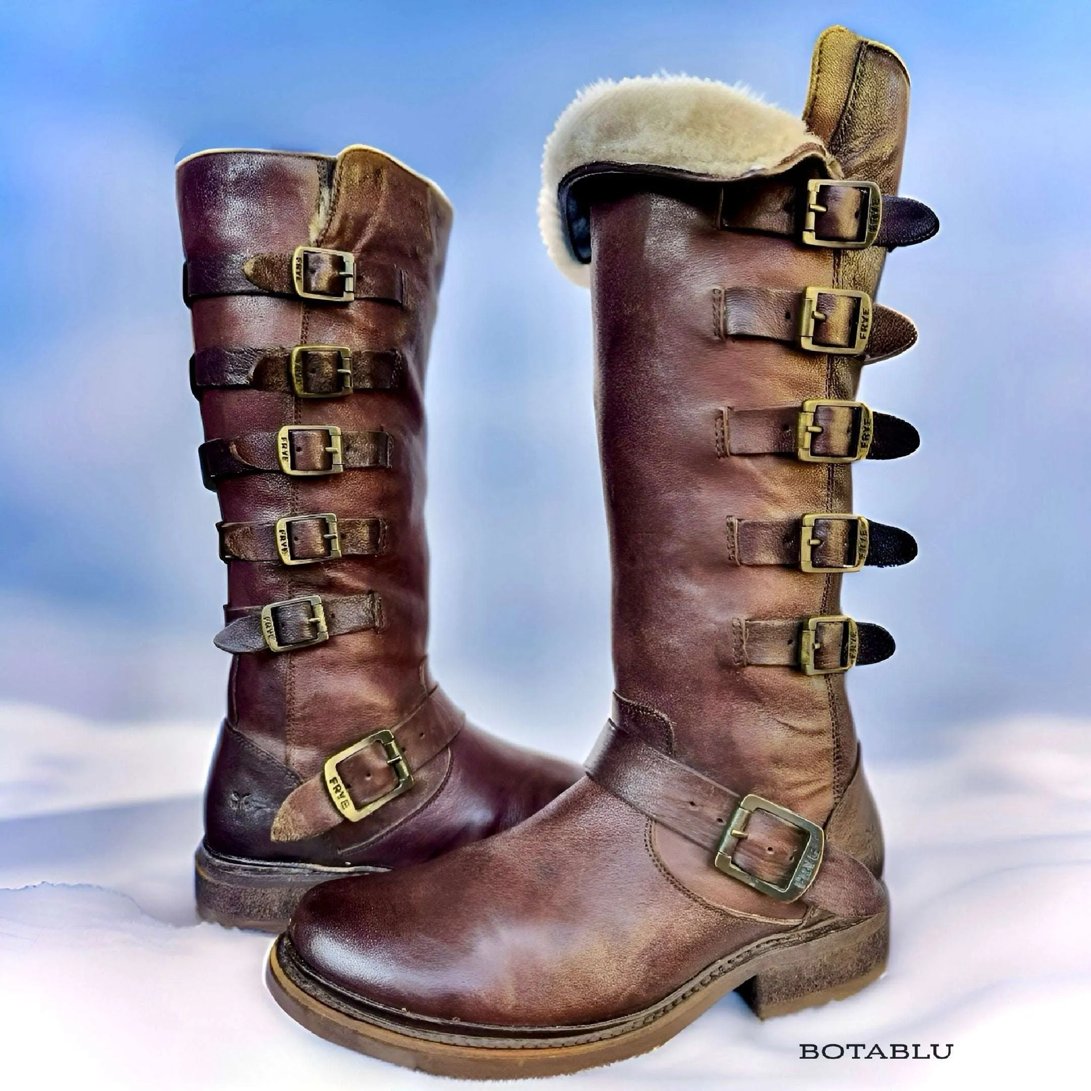 FRYE Valerie Belted Shearling Strappy Brown Tall Biker Moto Motorcycle Winter Boots