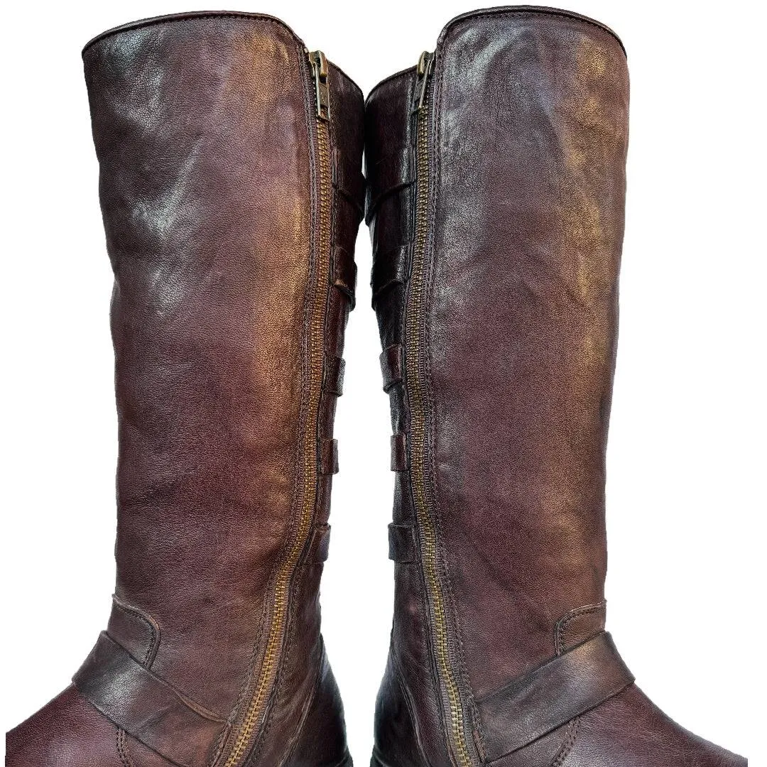 FRYE Valerie Belted Shearling Strappy Brown Tall Biker Moto Motorcycle Winter Boots