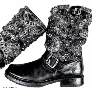 FRYE Veronica Laser Cut Out Studded Harness Black Moto Biker Boots