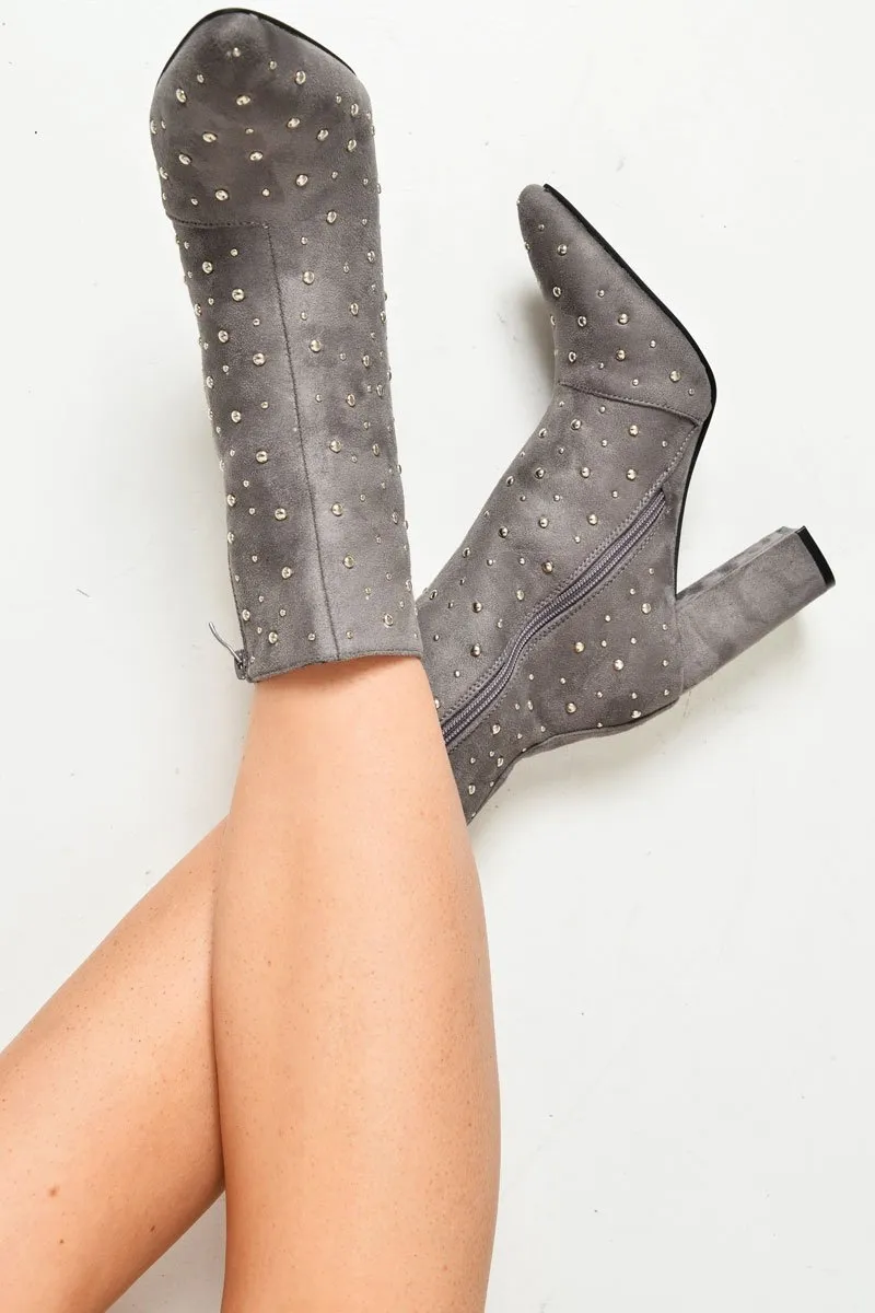 Grey Faux Suede Studded Ankle Boots - Laelynn