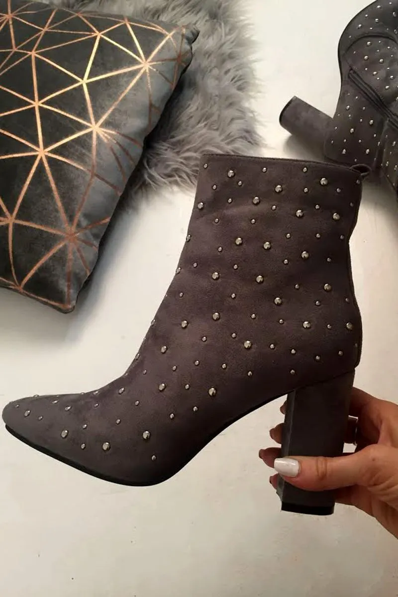 Grey Faux Suede Studded Ankle Boots - Laelynn