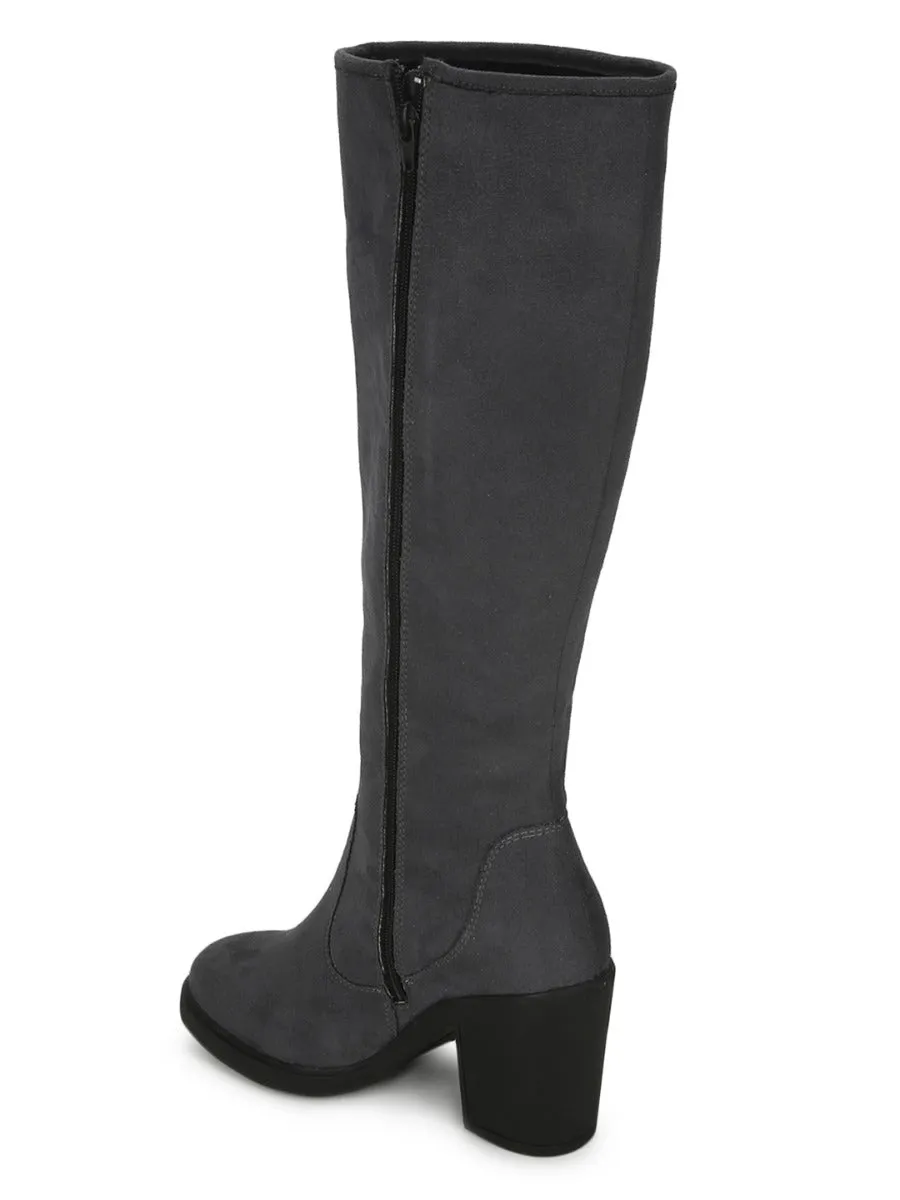 Grey Micro Block Heel Long Boots