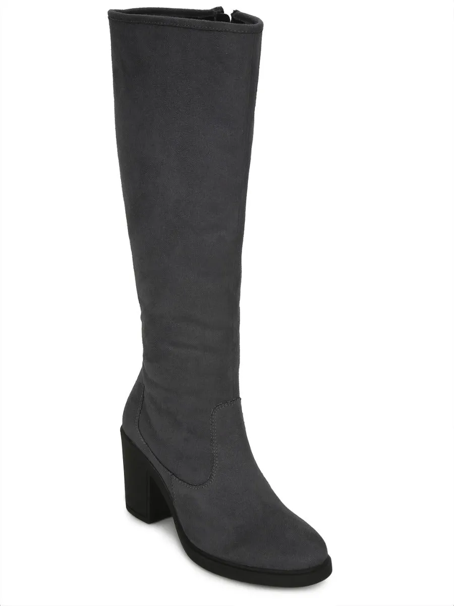 Grey Micro Block Heel Long Boots