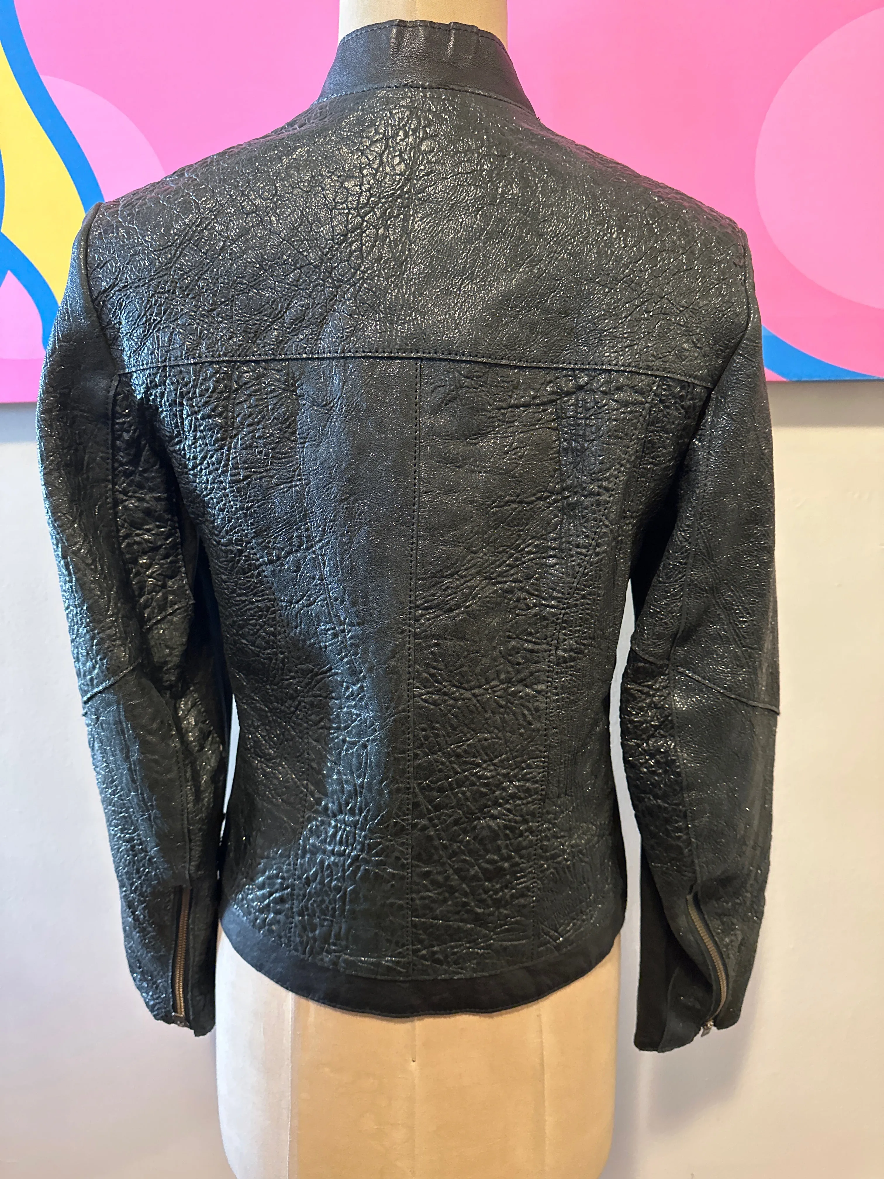 Helmut Lang Size P Teal Black Leather Bomber Biker Jacket