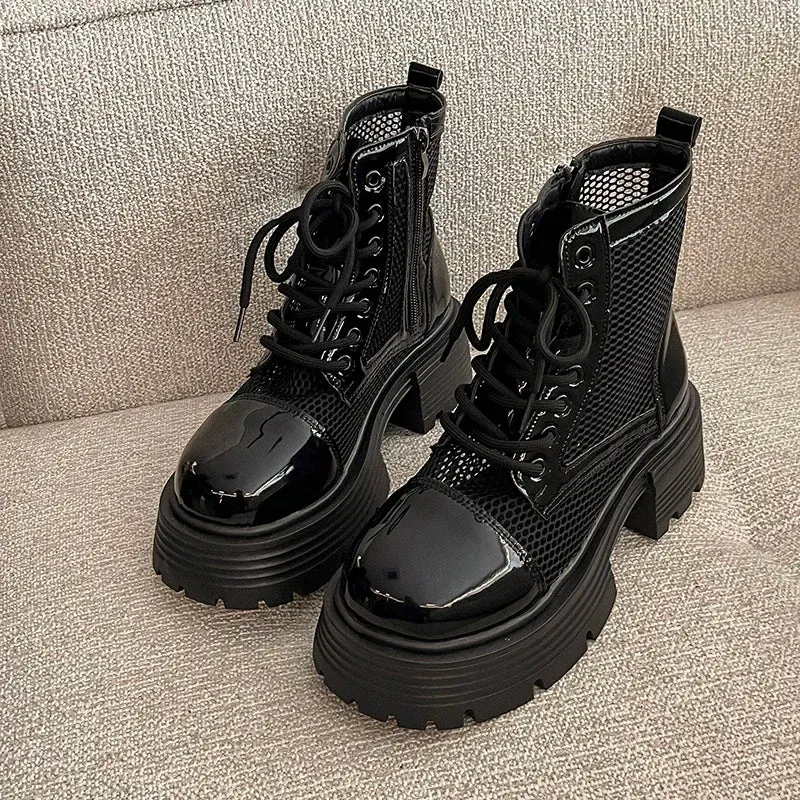 Hnzxzm Autumn Women Motorcycle Boots Fashion Hollow Out Breather Short Booties Autumn Winter Female Platform Heel Shoes