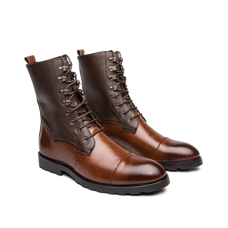 Hnzxzm Men Short Boots Brown PU Round Head Low Heel Wing Tip Lace Up Fashion Versatile Casual Street Outdoor Daily Dress Shoes