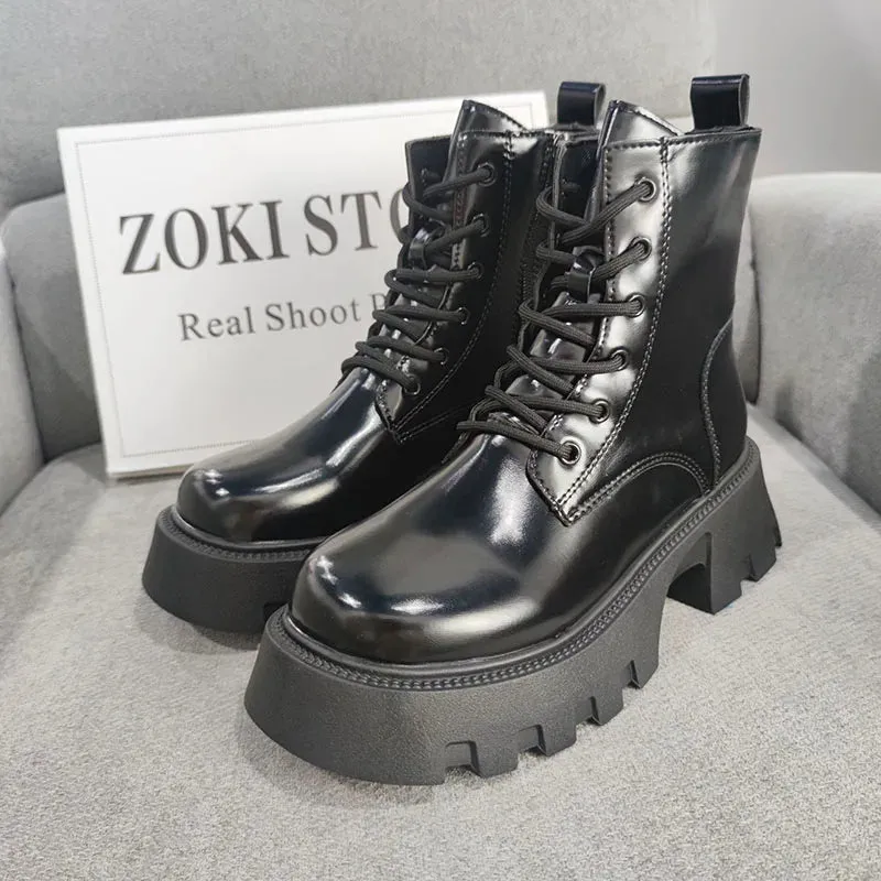 Hnzxzm New Patent Leather Platform Ankle Boots Women Lace-Up Chunky Heels Motorcycle Botas Mujer Thick Bottom Autumn Boots Woman