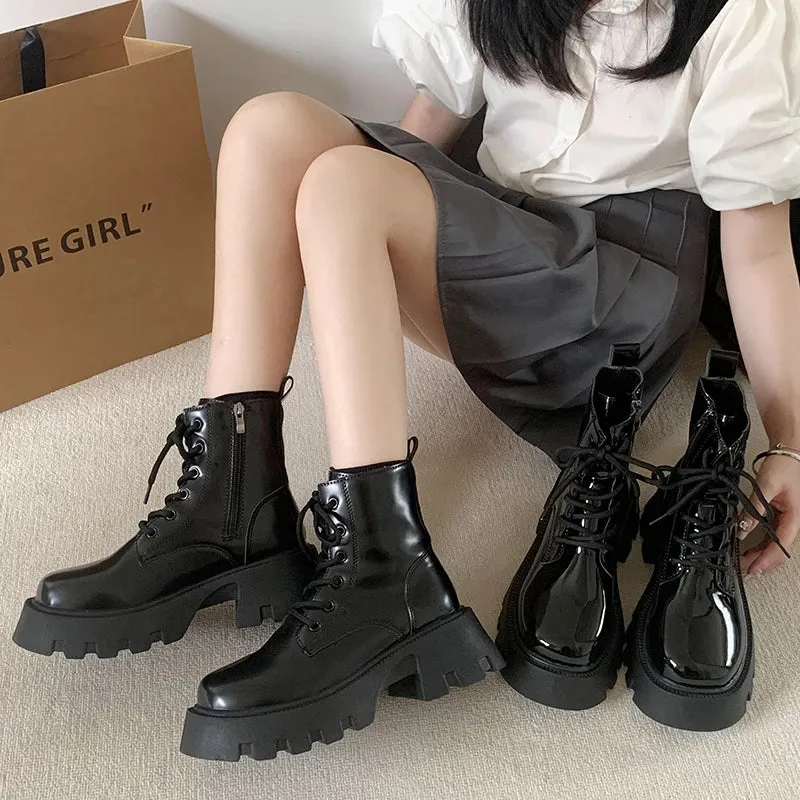 Hnzxzm New Patent Leather Platform Ankle Boots Women Lace-Up Chunky Heels Motorcycle Botas Mujer Thick Bottom Autumn Boots Woman