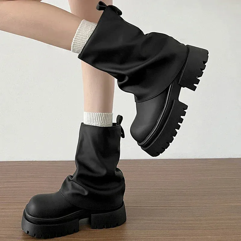 Hnzxzm Punk Style Women Motorcycle Knee-High Boots Fashion Thick Heel Shoes Autumn Winter Non Slip Women's Knight Long Booties