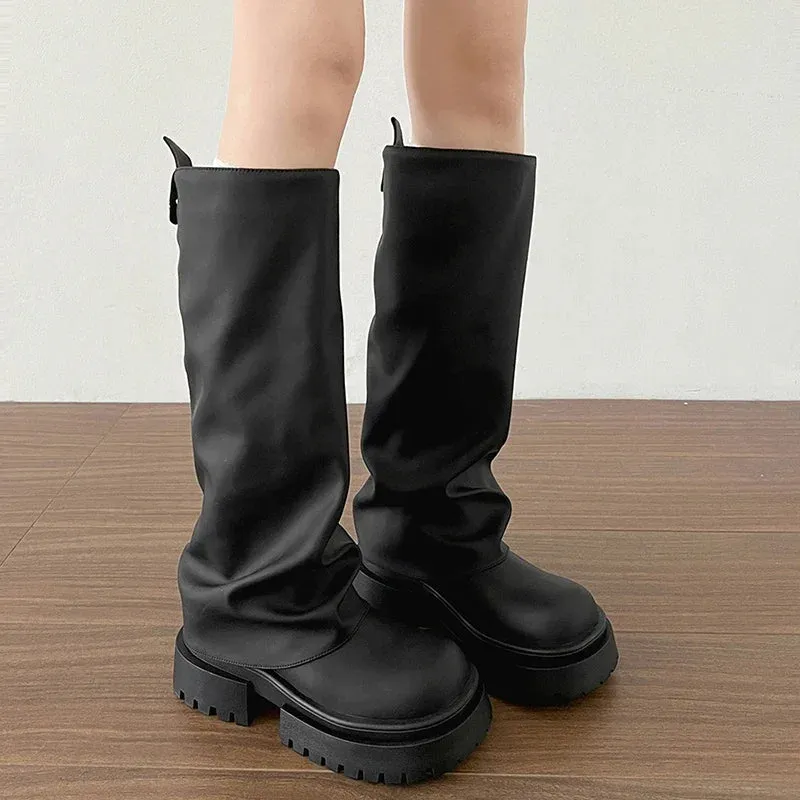 Hnzxzm Punk Style Women Motorcycle Knee-High Boots Fashion Thick Heel Shoes Autumn Winter Non Slip Women's Knight Long Booties