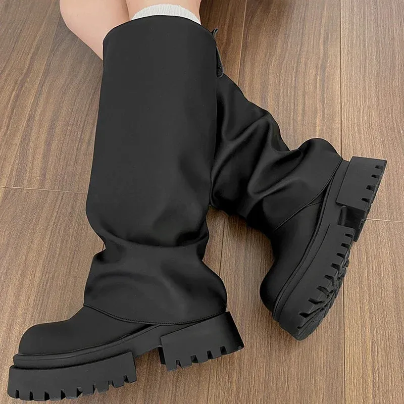 Hnzxzm Punk Style Women Motorcycle Knee-High Boots Fashion Thick Heel Shoes Autumn Winter Non Slip Women's Knight Long Booties