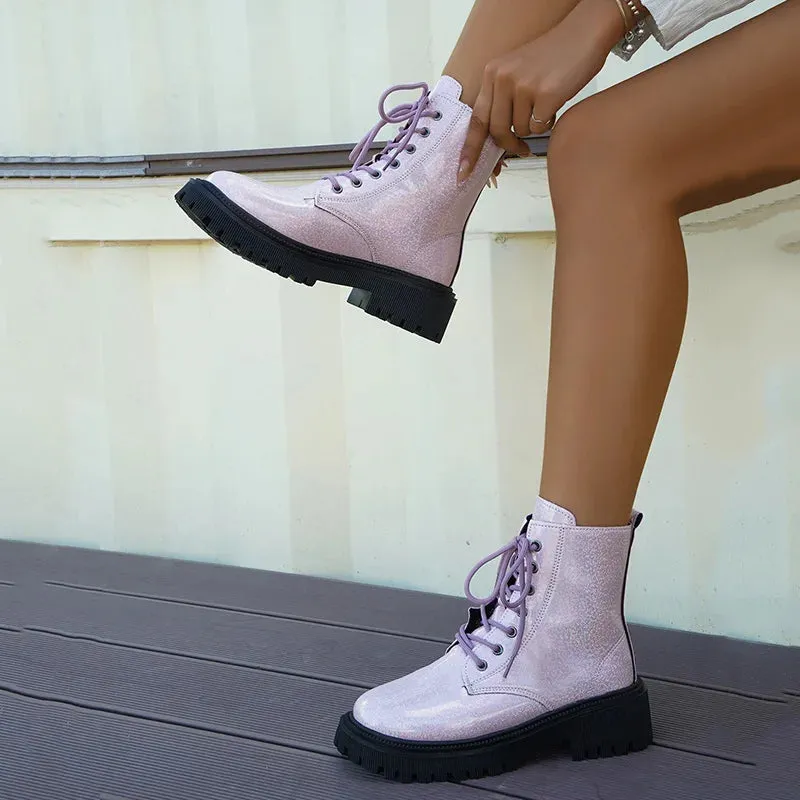 Hnzxzmr Patent Leather Ankle Boots Women Punk Gothic Colour Motorcycle Botas Woman Fashion Thick Bottom Lace Up Shoes