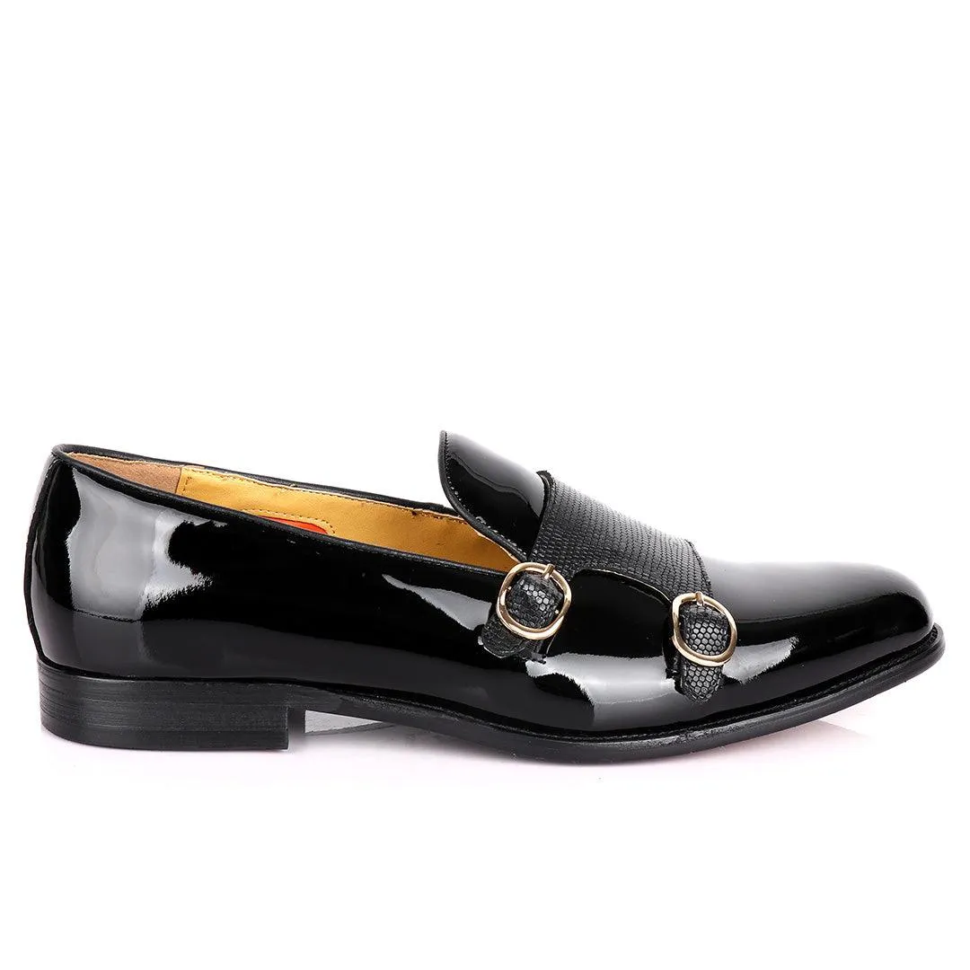 John Mendson Daytonaline Double Monk Straps Wetlooks Leather Shoe- Black