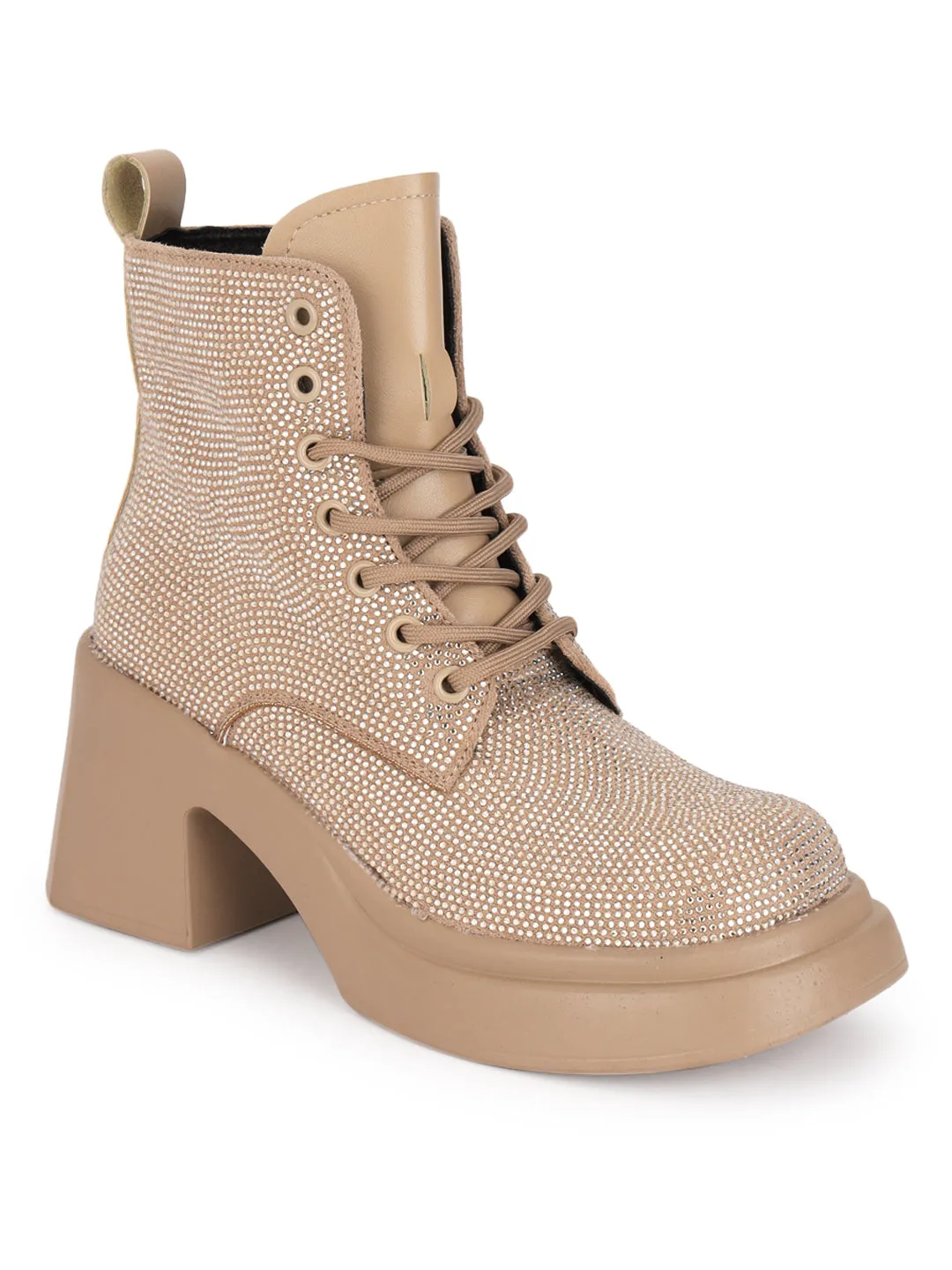 Khaki Diamante Embellished Lace-Up Ankle Boots (TC-RS3642-KHA)