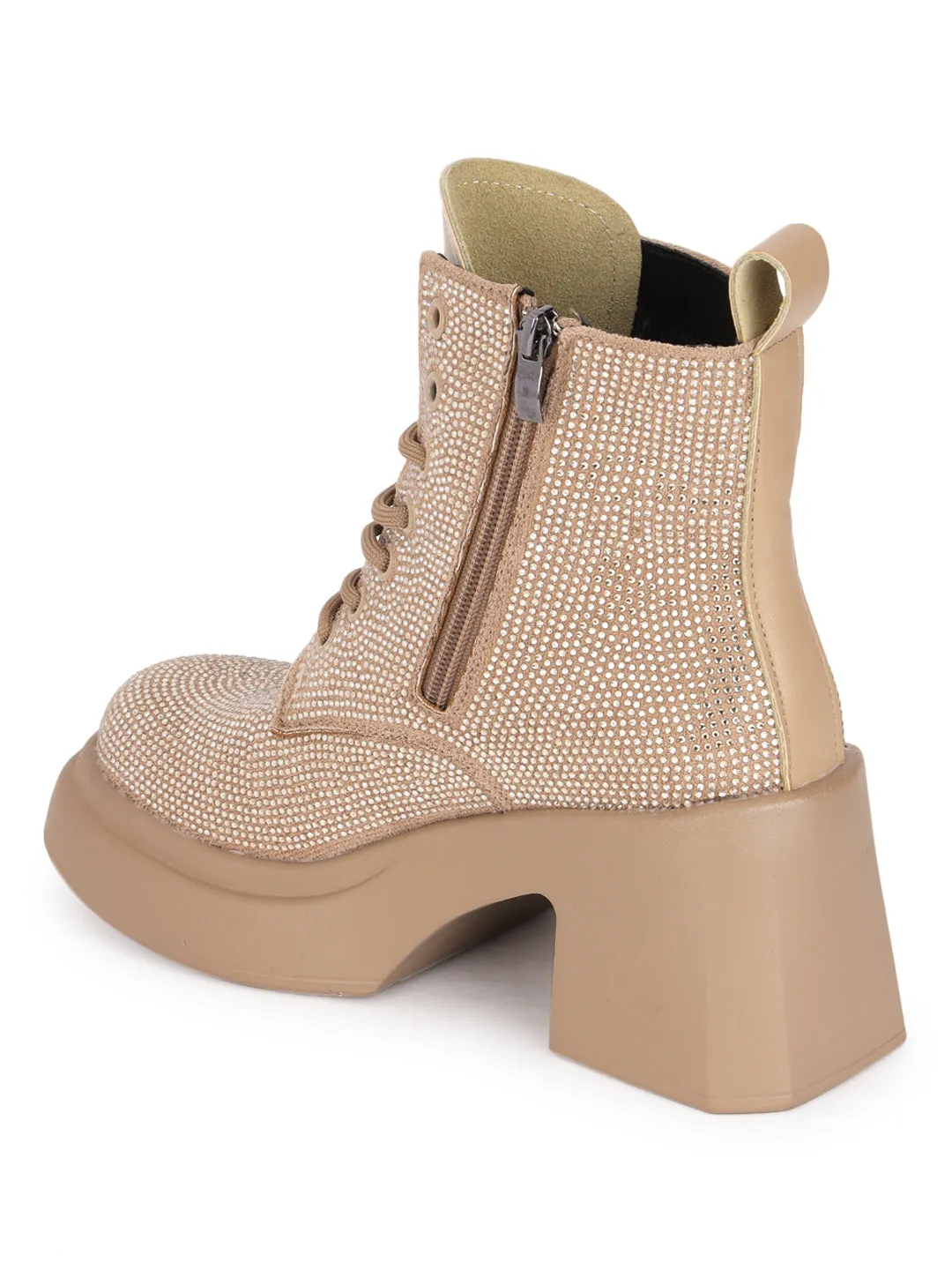 Khaki Diamante Embellished Lace-Up Ankle Boots (TC-RS3642-KHA)