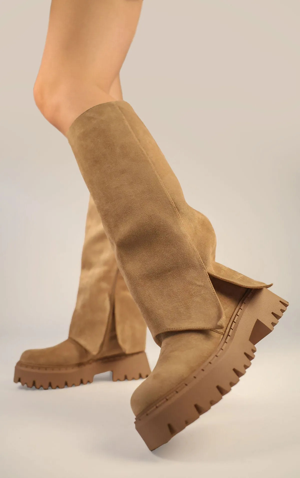 Khaki Faux Suede Fold Over Chunky Round Toe Knee High Boots