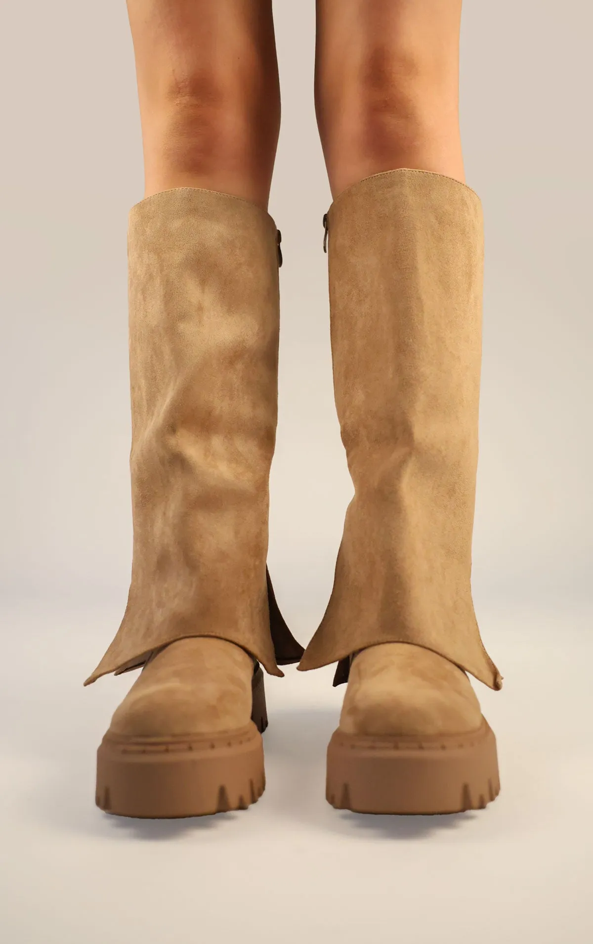 Khaki Faux Suede Fold Over Chunky Round Toe Knee High Boots