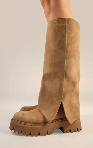 Khaki Faux Suede Fold Over Chunky Round Toe Knee High Boots