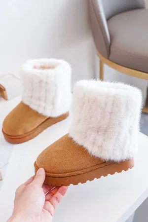 KIDS FOLDED OVER FLUFFY FAUX FUR LINING ANKLE BOOTS IN CAMEL 31-36 SIZES