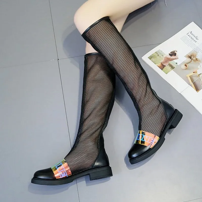 Knee High Boots Women's Sandals Shoes Sequins Hollow Out Summer Boots Low Heel Motorcycle Boots