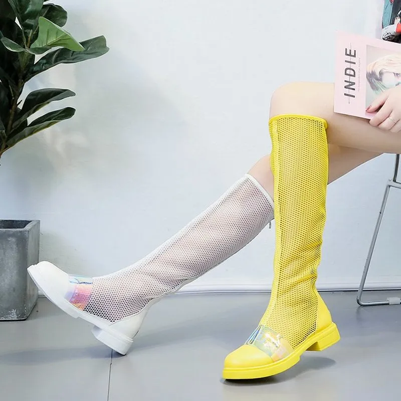 Knee High Boots Women's Sandals Shoes Sequins Hollow Out Summer Boots Low Heel Motorcycle Boots