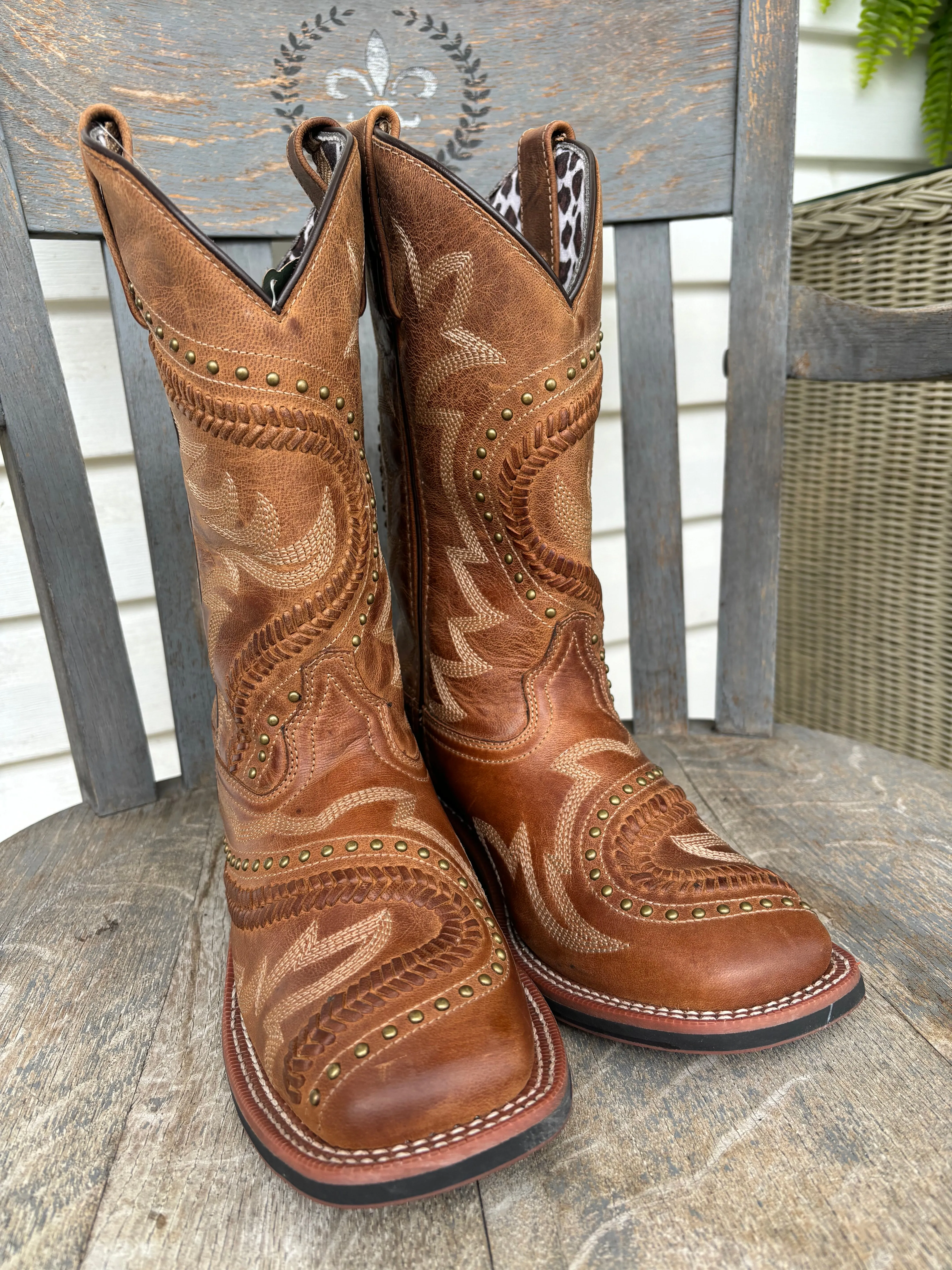 Laredo Women's Charli Tan Bucklace Stitched & Studded Square Toe Cowgirl Boots 5893