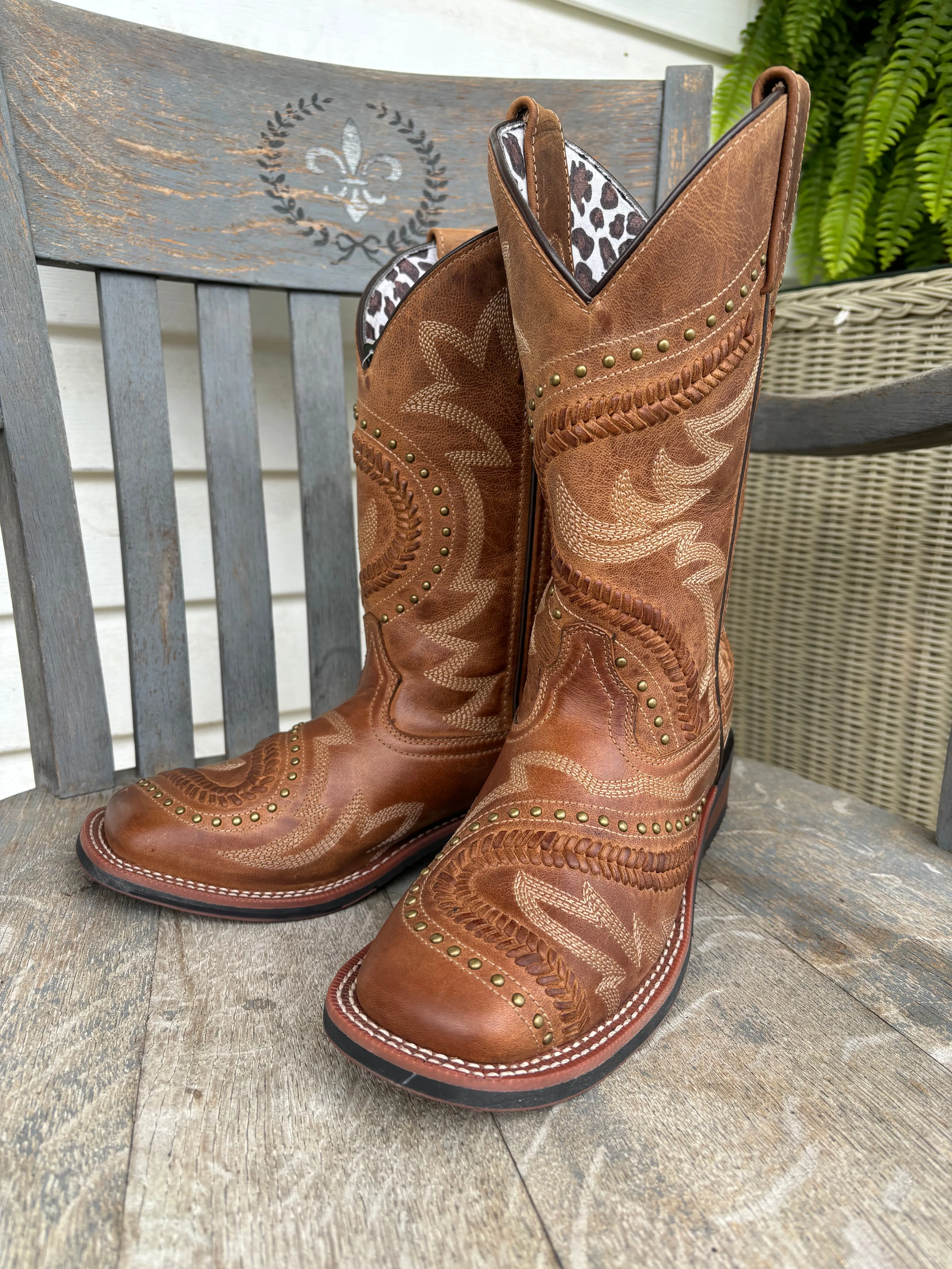 Laredo Women's Charli Tan Bucklace Stitched & Studded Square Toe Cowgirl Boots 5893