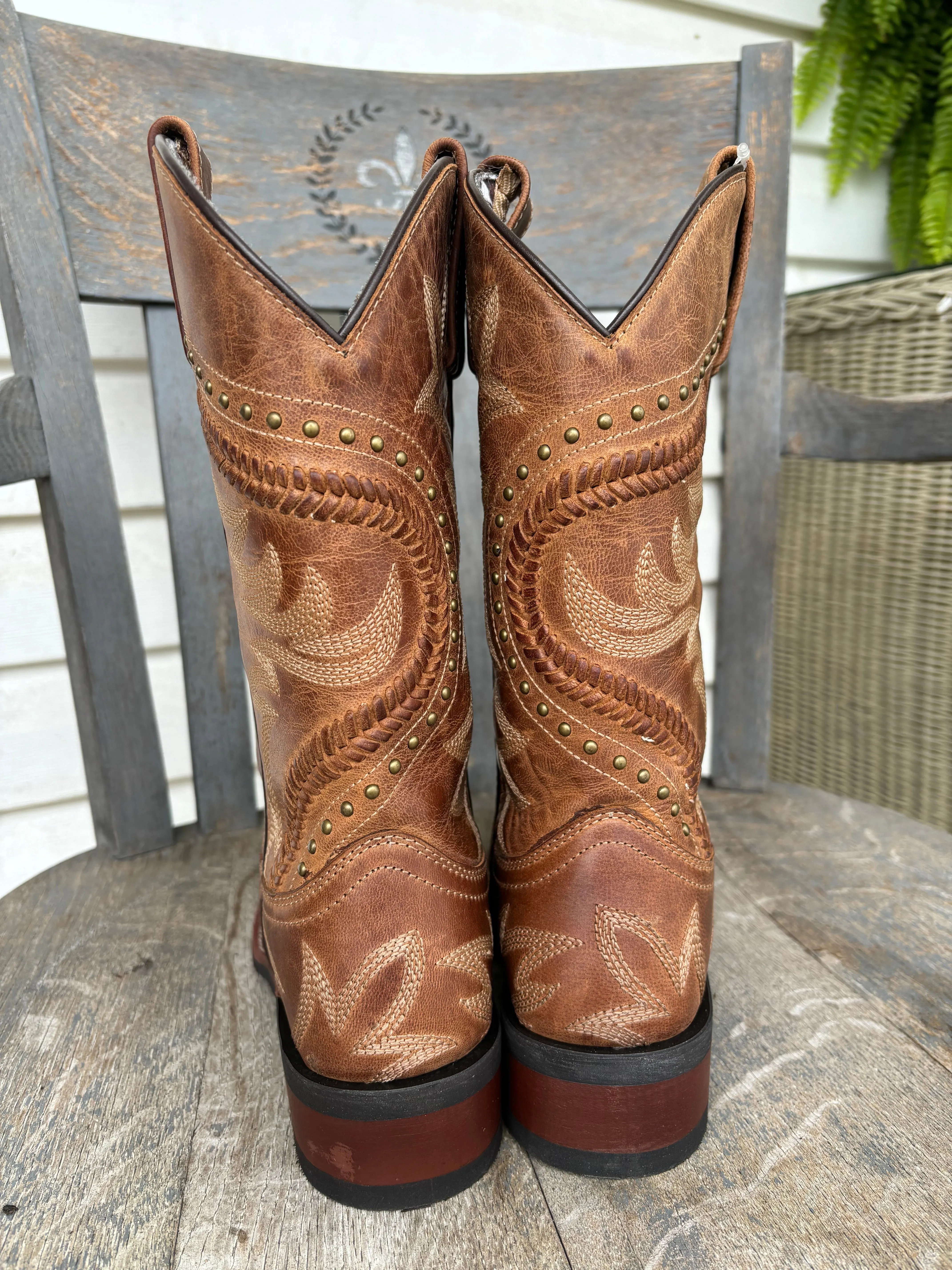 Laredo Women's Charli Tan Bucklace Stitched & Studded Square Toe Cowgirl Boots 5893