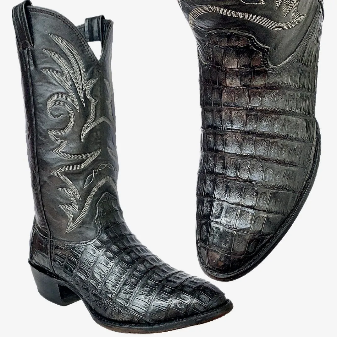 LARRY MAHAN Vintage Caiman Crocodile Black Cowboy Western Boots