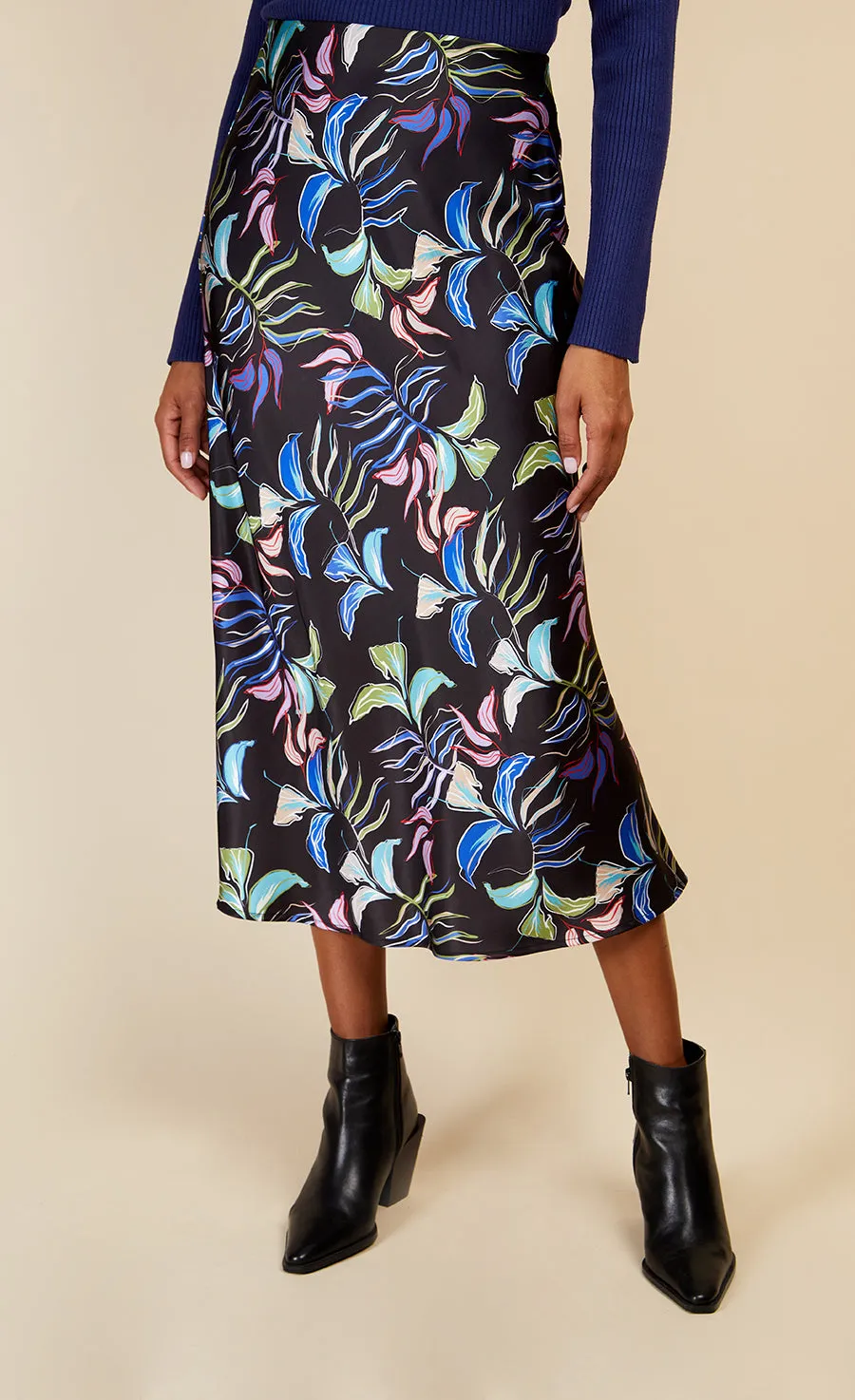 Leaf Print Satin Midi Slip Skirt by Vogue Williams