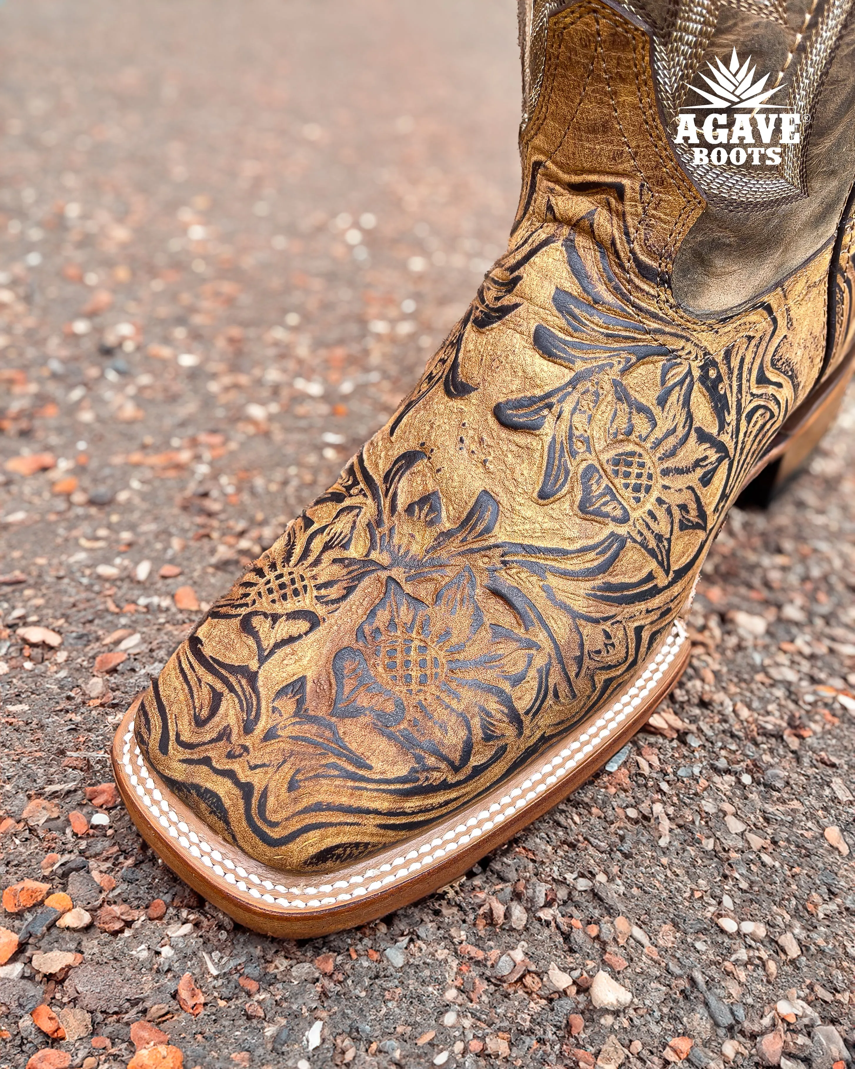 LIGHT BROWN TOOLED LEATHER | MEN SQUARE TOE WESTERN COWBOY BOOTS