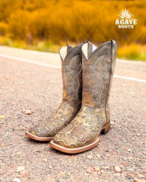 LIGHT BROWN TOOLED LEATHER | MEN SQUARE TOE WESTERN COWBOY BOOTS