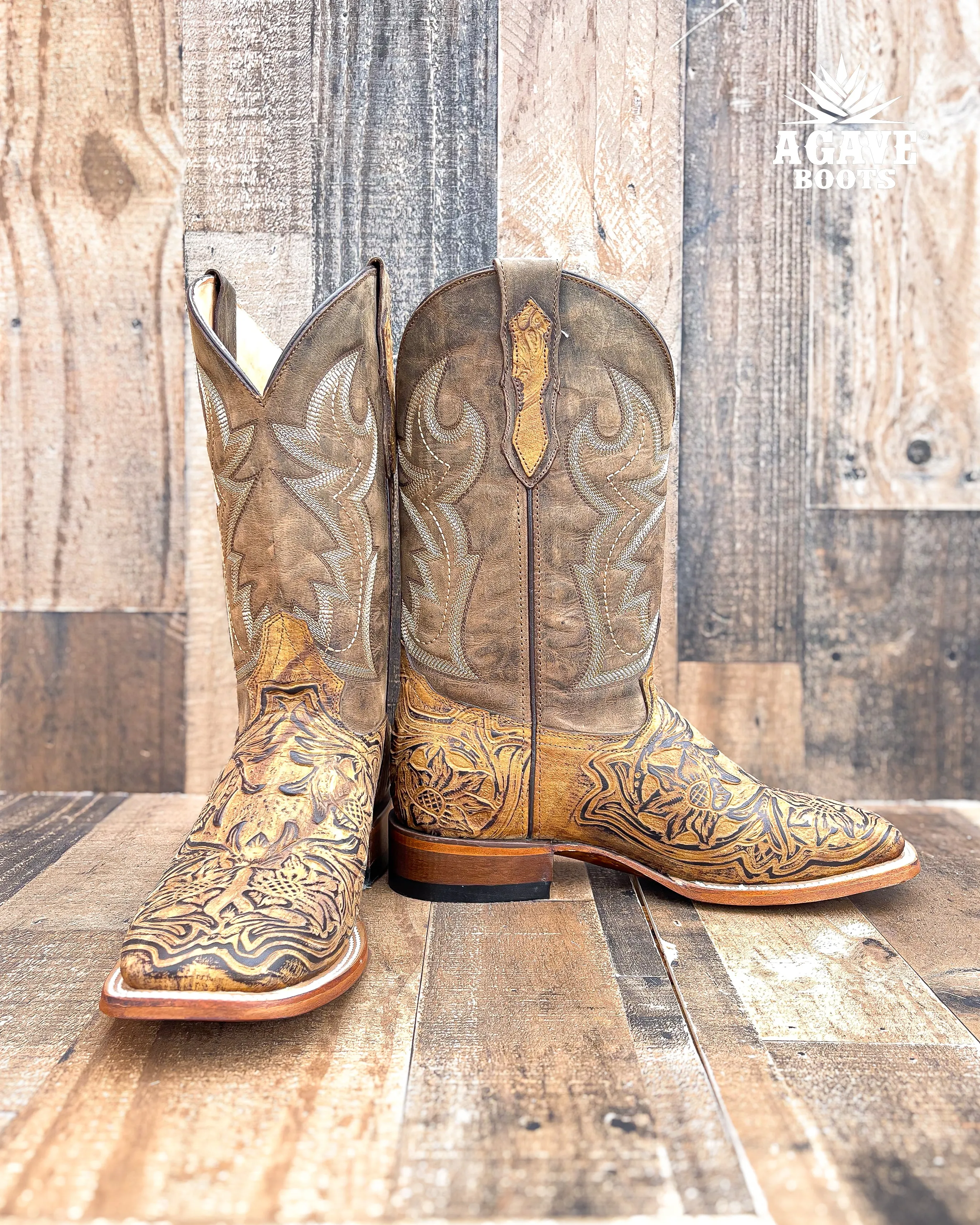 LIGHT BROWN TOOLED LEATHER | MEN SQUARE TOE WESTERN COWBOY BOOTS