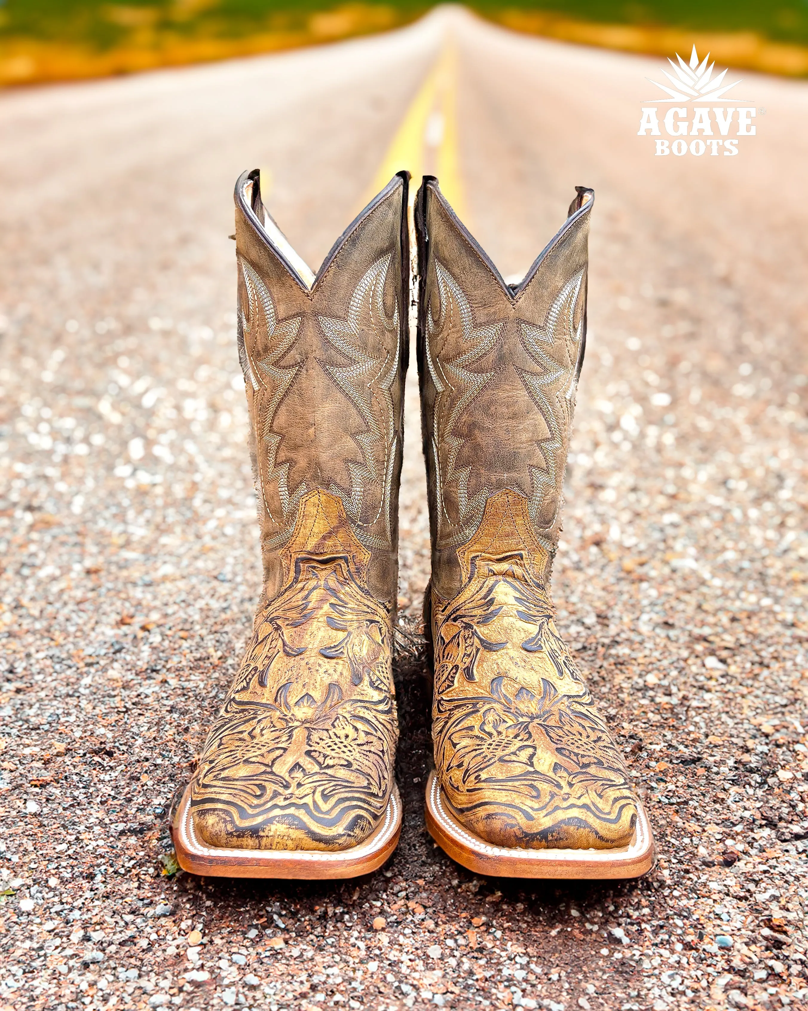 LIGHT BROWN TOOLED LEATHER | MEN SQUARE TOE WESTERN COWBOY BOOTS