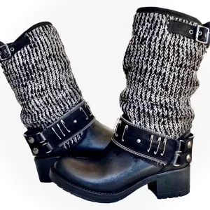 LUISA MIRANDA ITALIA Harness Chunky Lug Sole Slouch Black Biker Moto Boots