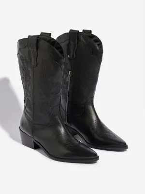 LUNA BLU Black Stitch Detailed Cowboy Leather Boots