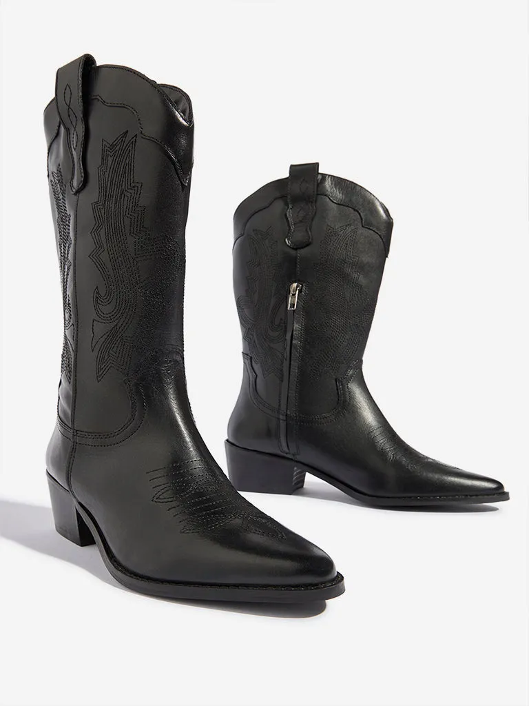 LUNA BLU Black Stitch Detailed Cowboy Leather Boots