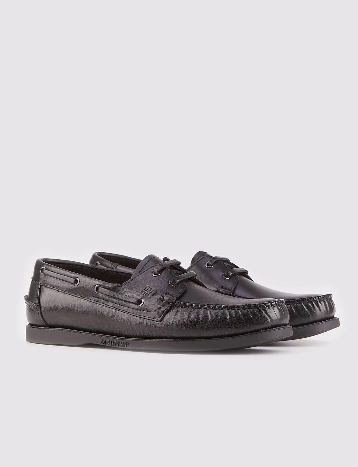 Men Black Genuine Leather Lace Up Boat Shoes