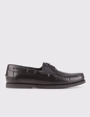 Men Black Genuine Leather Lace Up Boat Shoes