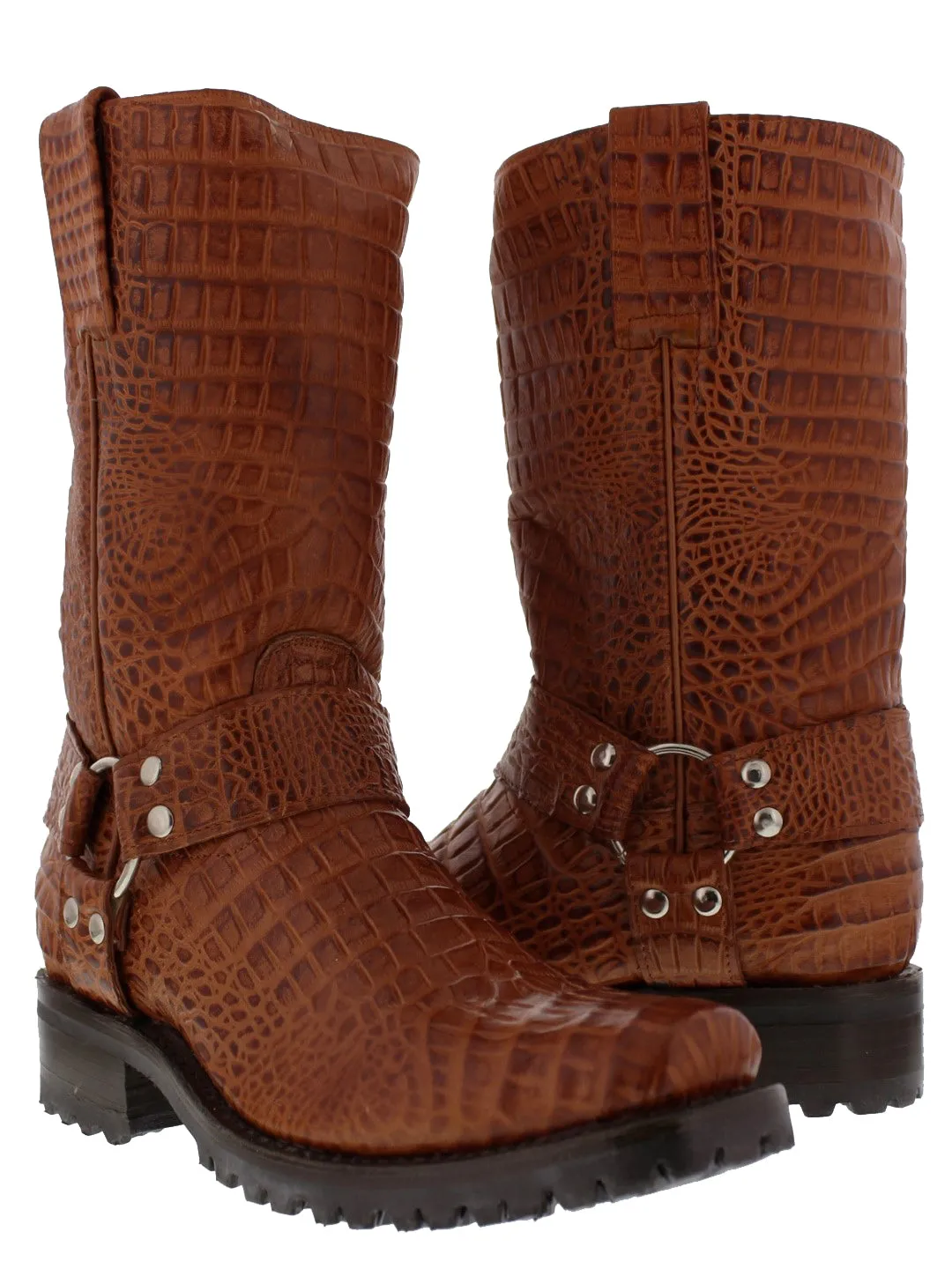 Mens Cognac Motorcycle Boots Crocodile Belly Print - Square Toe