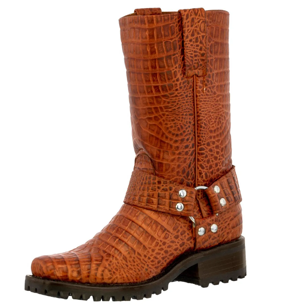 Mens Cognac Motorcycle Boots Crocodile Belly Print - Square Toe