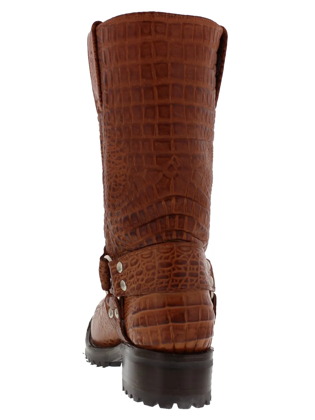 Mens Cognac Motorcycle Boots Crocodile Belly Print - Square Toe