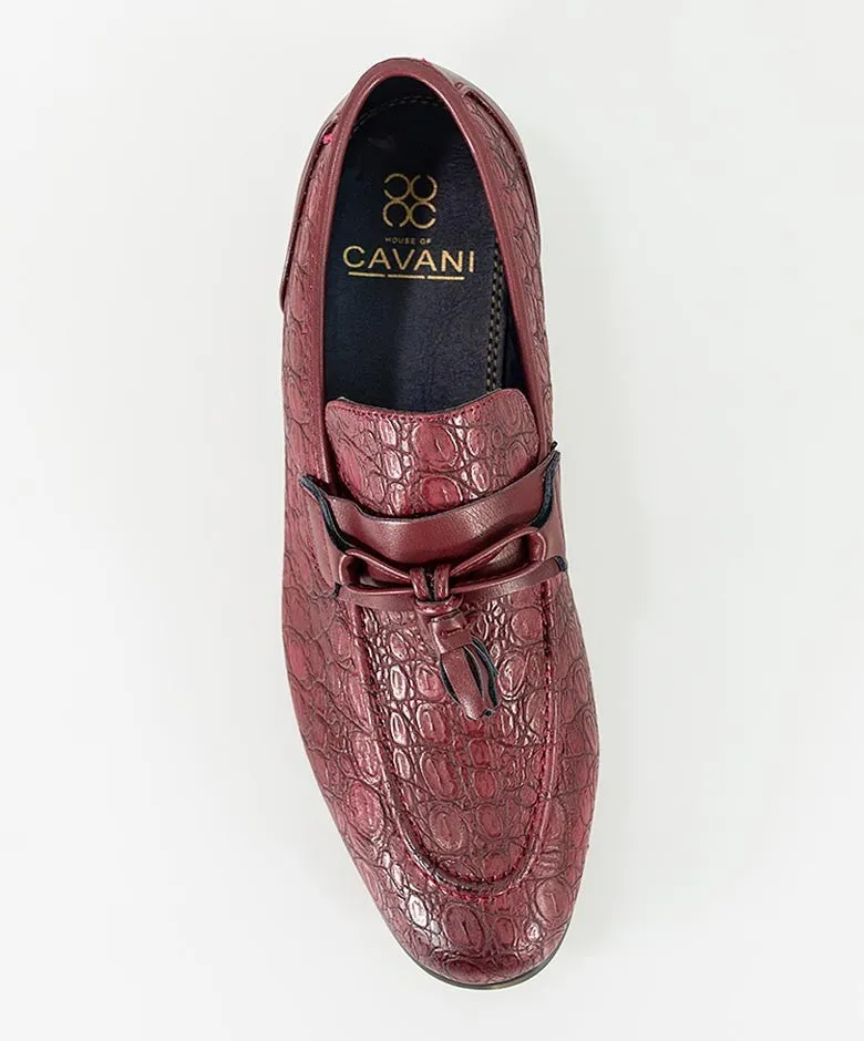 Men's Crocodile Embossed Tassel Loafers- BRINDISI - Dark Red