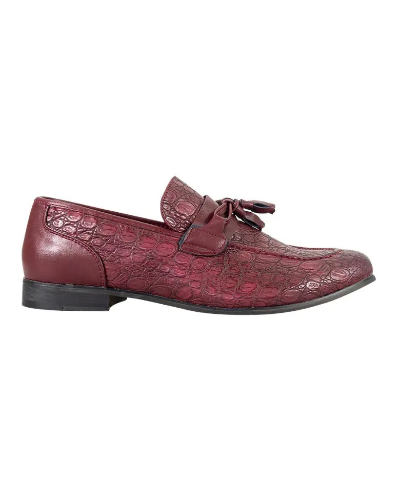 Men's Crocodile Embossed Tassel Loafers- BRINDISI - Dark Red