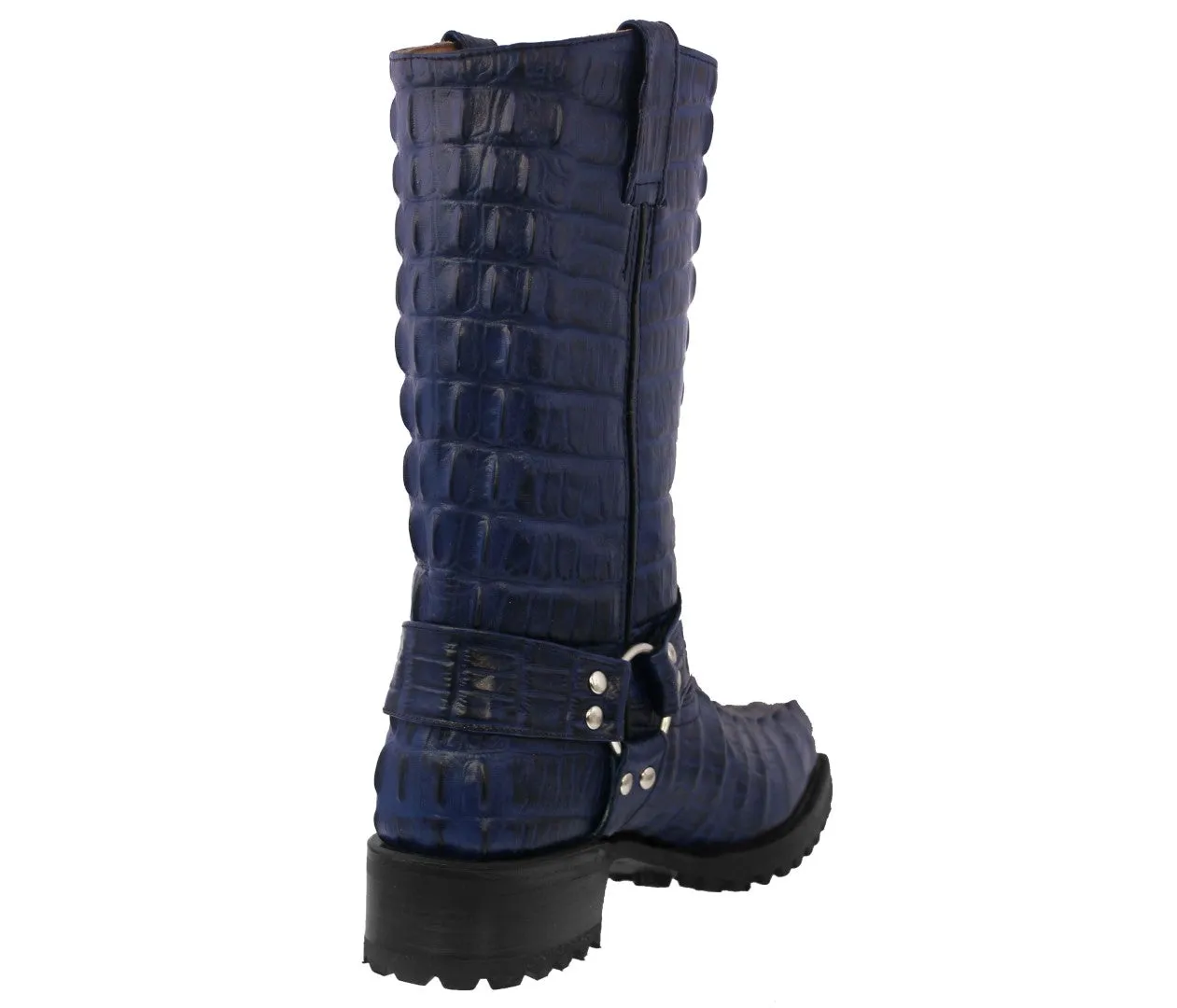 Mens Denim Blue Motorcycle Boots Crocodile Tail Print - Square Toe