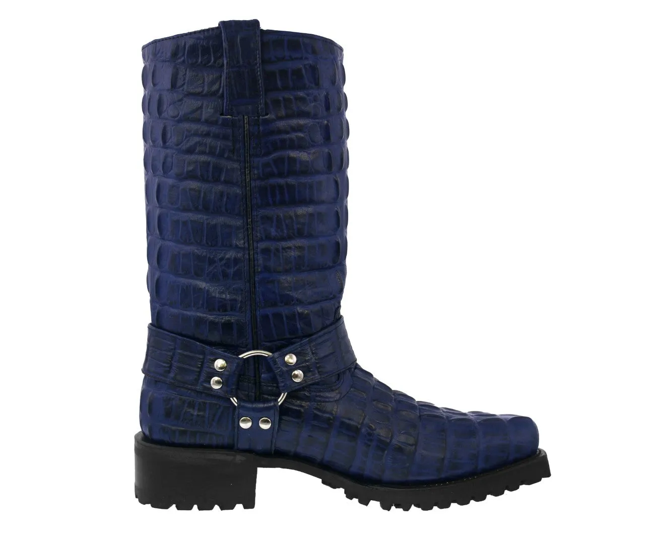 Mens Denim Blue Motorcycle Boots Crocodile Tail Print - Square Toe