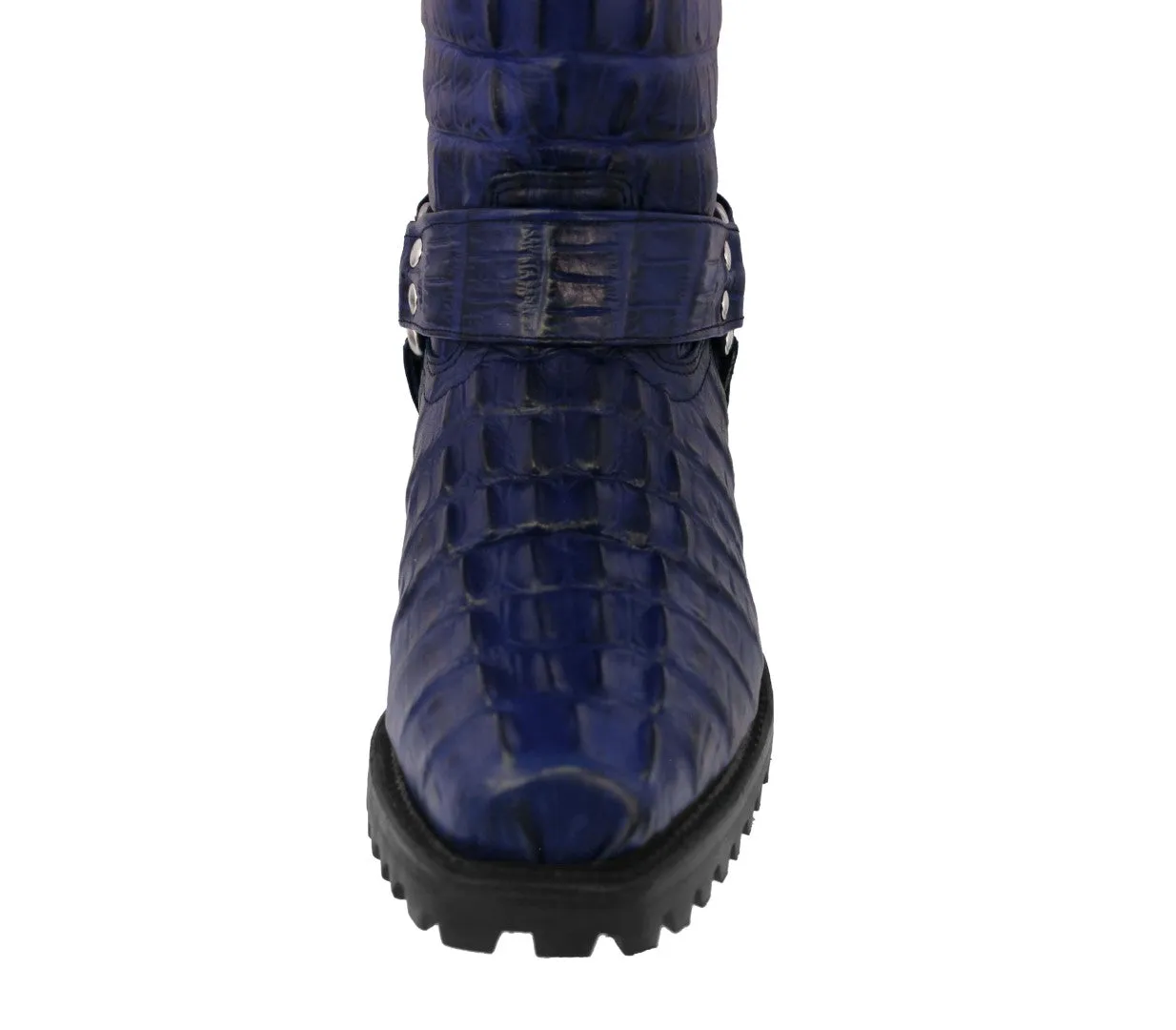 Mens Denim Blue Motorcycle Boots Crocodile Tail Print - Square Toe