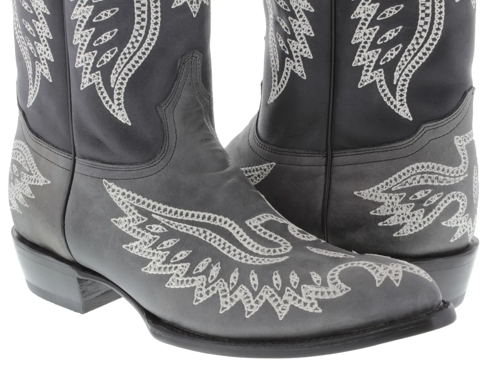 Men's Gray Classic Stitched Design Leather Cowboy Boots J Toe